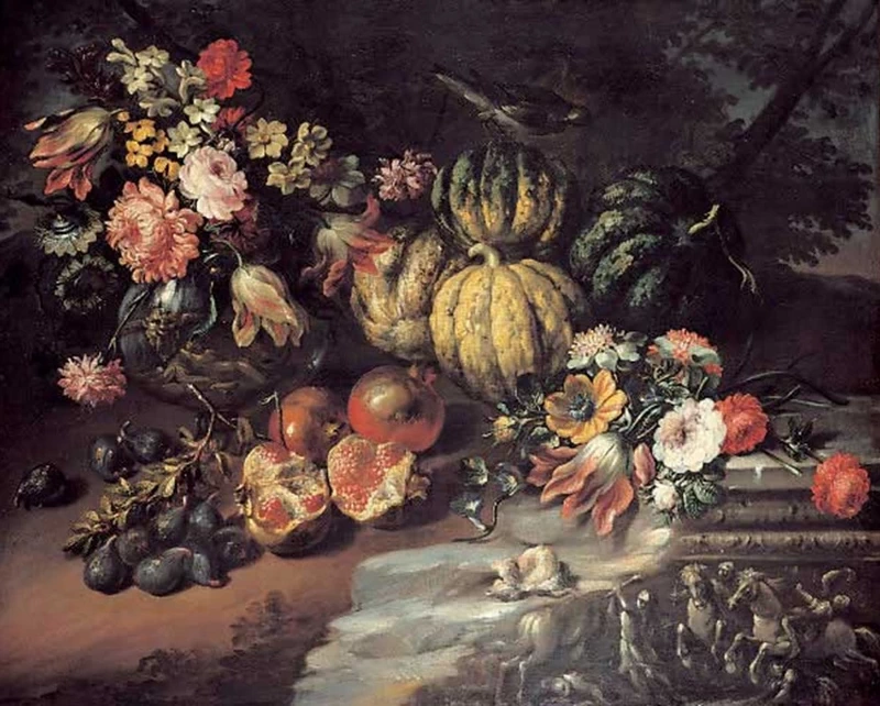Natura morta con zucche, melograni e fichi